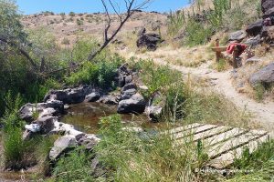 Lower Indian Bathtub Hot Spring Idaho: A small, stone-walled hot spring pool sits next to a rustic wooden footbridge and a dirt path, surrounded by tall grass and rocky hills.