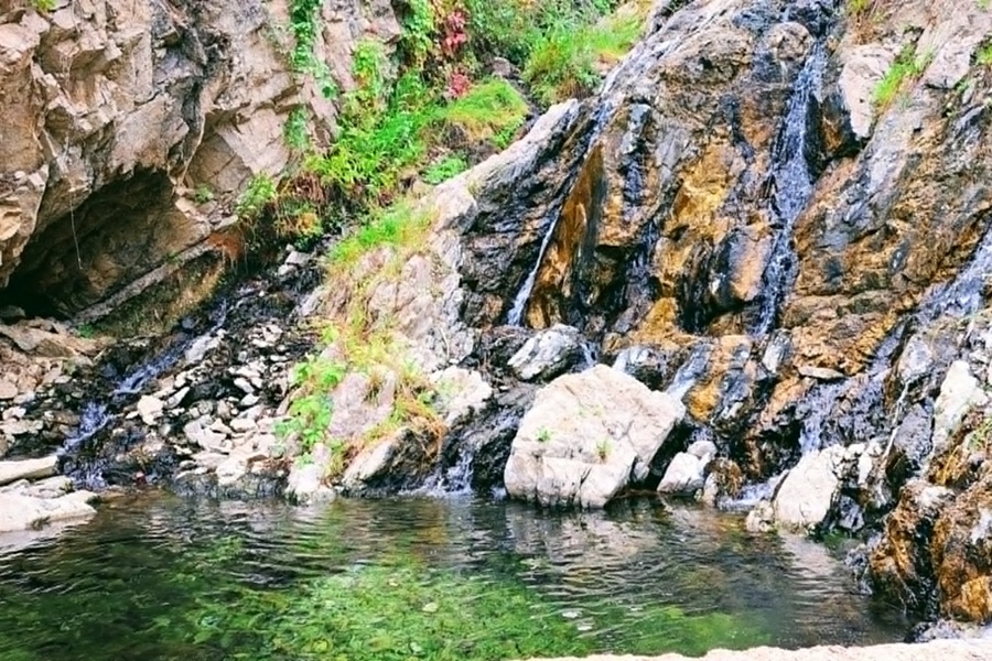 Double J&D Historic Hot Spring Ranch in Idaho: The picture "natural hot spring pool and rocky hillside" features a clear natural hot spring pool at the base of rocky cliffs, with trickles of water running down colorful stone and green plants growing nearby.